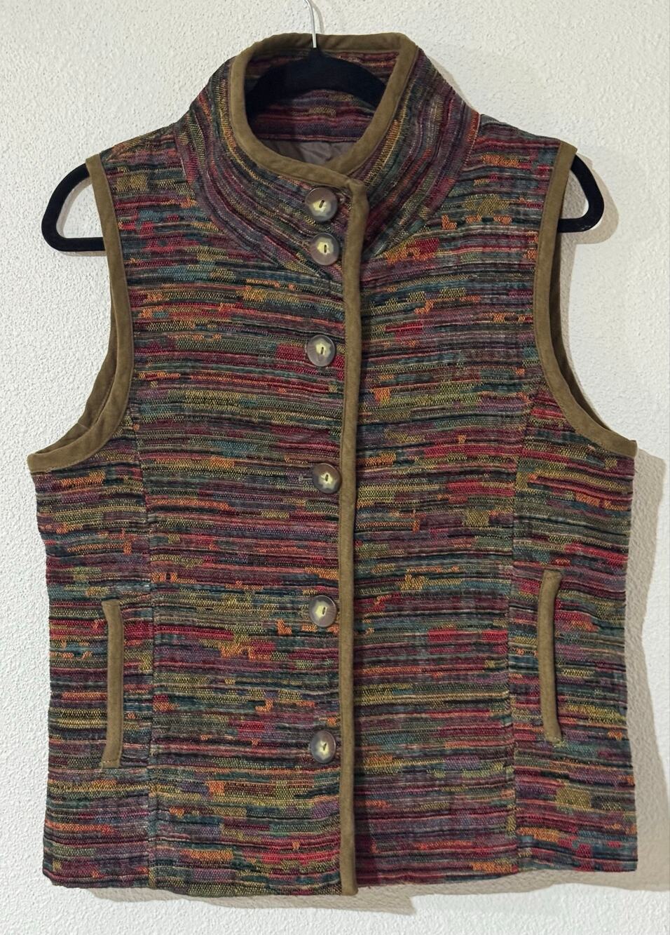 Christopher & Banks Womens Size L Multicolor Woven Tapestry Striped Button Vest